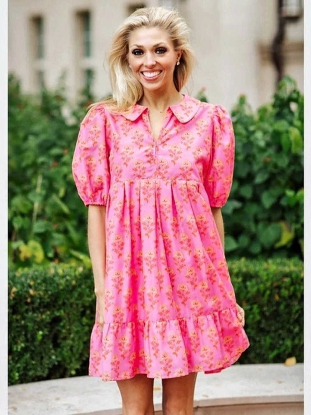 NWT J.Marie Ella Ann Collared Hot Pink Floral Puff Sleeve Mini Dress